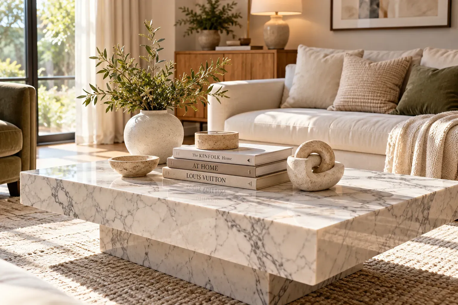 White marble coffee table styled with neutral hardcover books and sculptural decorative accessories for a luxury living room