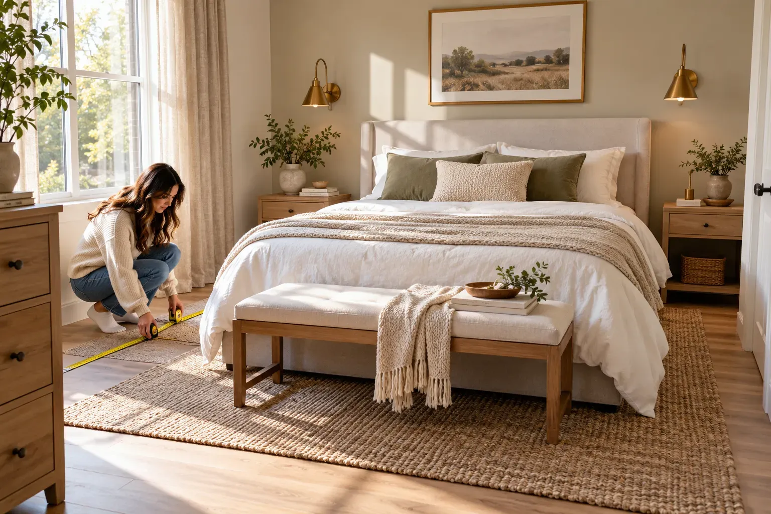 Photorealistic queen bedroom showing measure the room before choosing a queen bed with practical furniture
