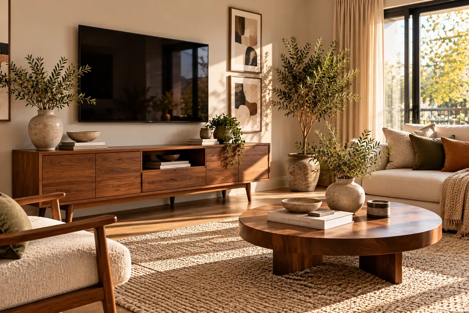 Walnut mid-century TV console with tapered legs and minimalist living room decor
