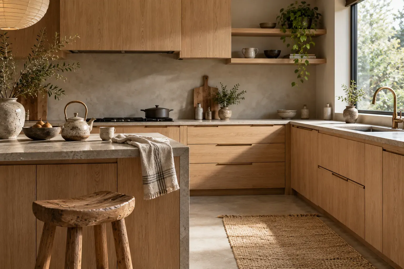 Minimal wood kitchen warmed by handmade ceramics, textiles, and natural imperfections