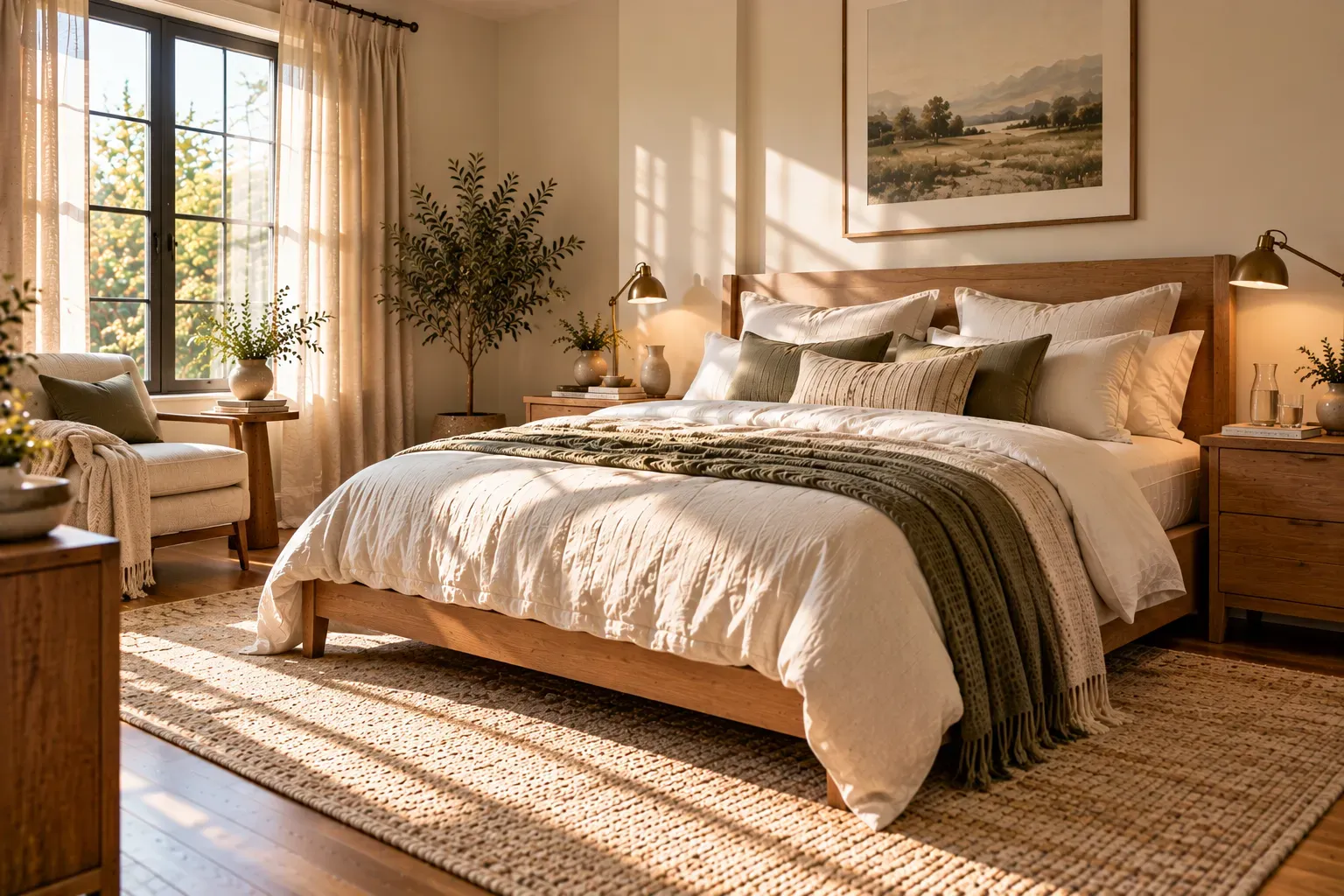 Warm residential bedroom featuring minimal oak bed and closed drawer nightstand, ceramic water glass, reading