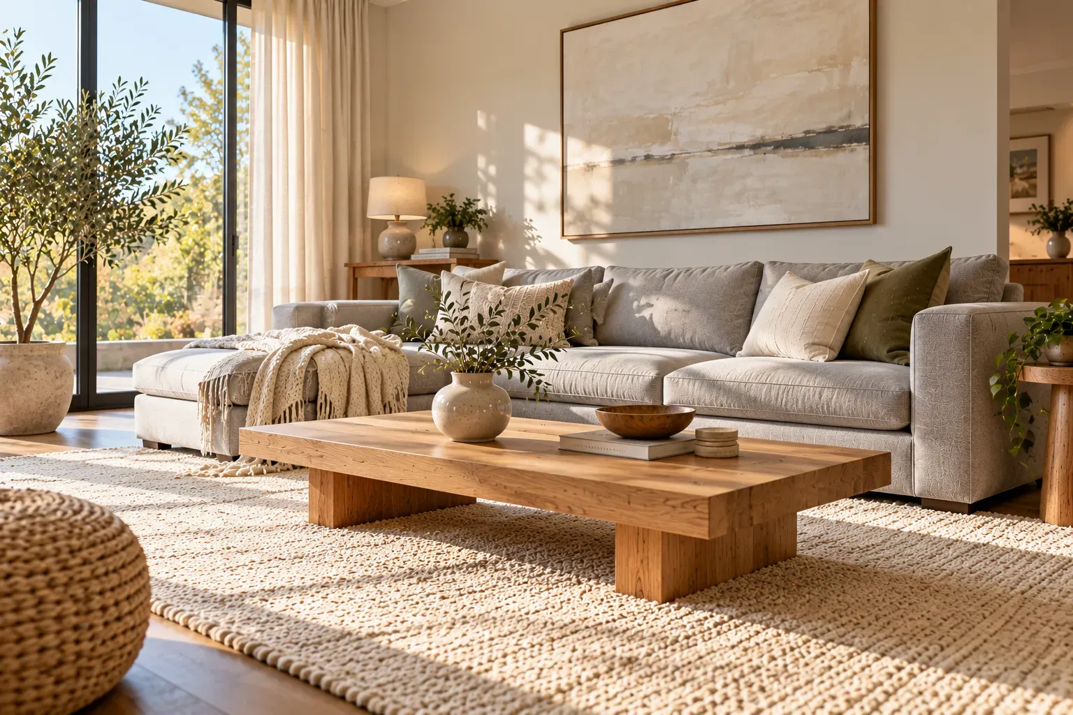 Minimalist grey couch living room with simple oak furniture and uncluttered neutral styling