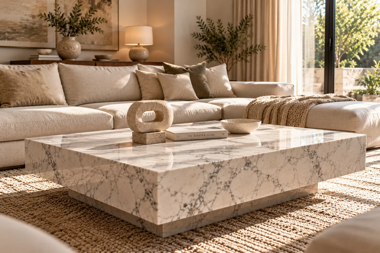 Minimalist white marble coffee table with one sculptural accessory and open negative space in an elegant neutral living room