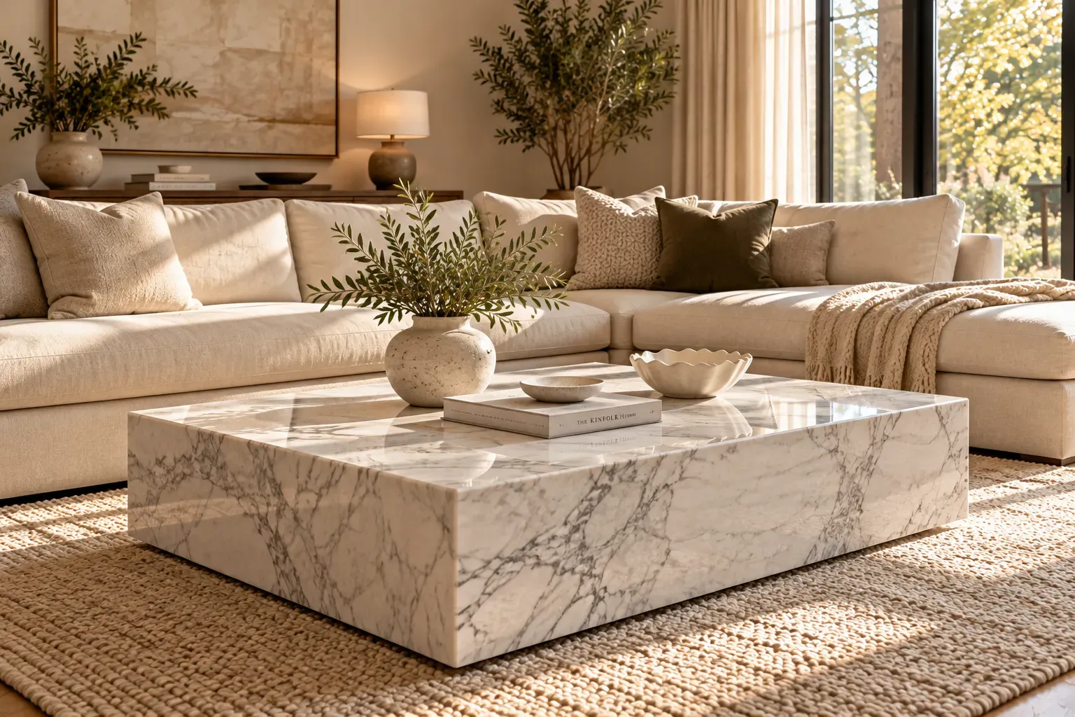 White marble coffee table styled with ceramic accessories in elegant neutral living room
