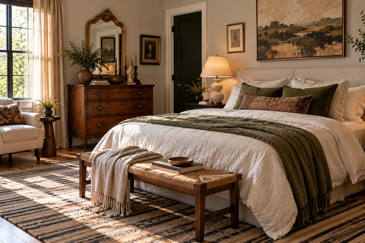 Realistic master bedroom showing mix vintage and modern pieces with comfortable furnishings and natural daylight