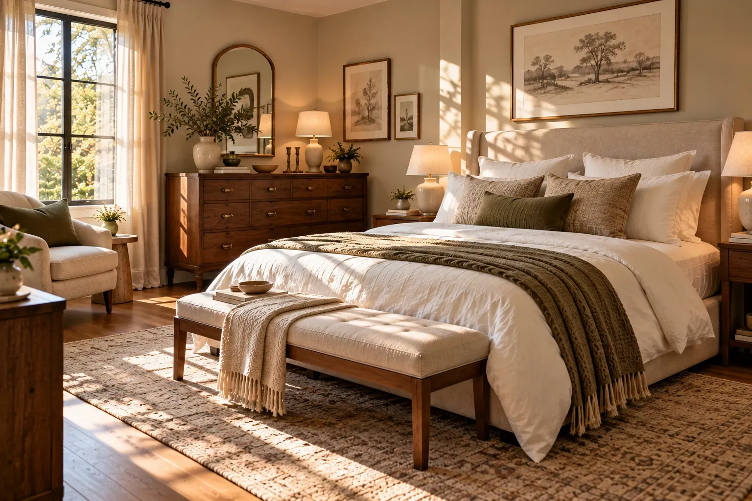 Warm residential bedroom featuring vintage walnut dresser and linen upholstered bed, ceramic vase, framed sketch
