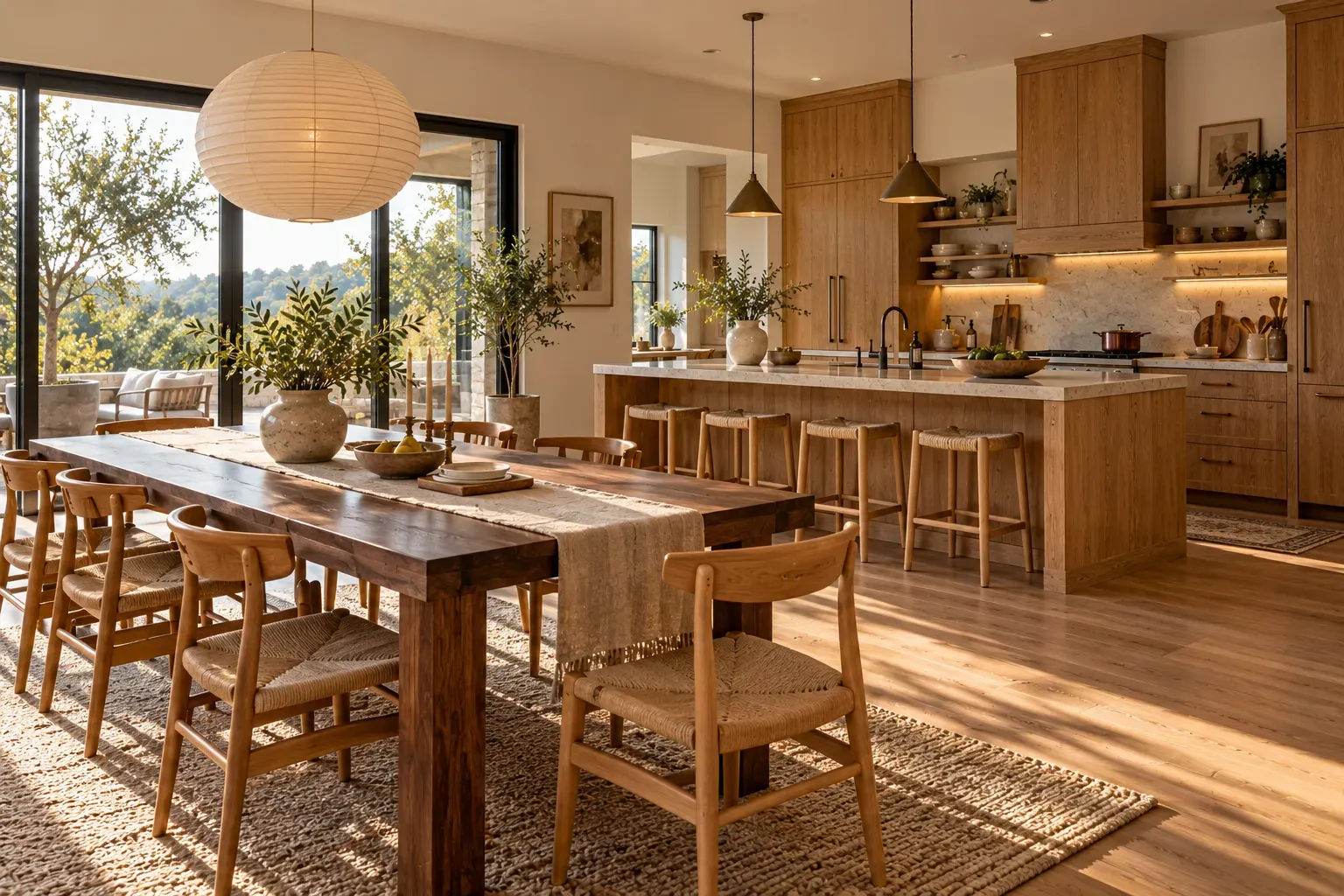 Layered kitchen combining complementary wood tones without visual clutter