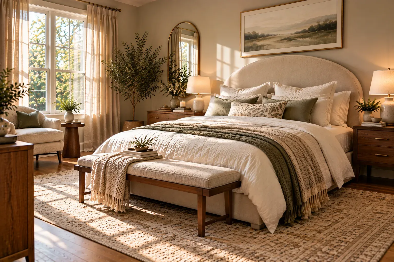 Warm residential bedroom featuring arched headboard and oval mirror, rectangular walnut nightstand, linen bedding in