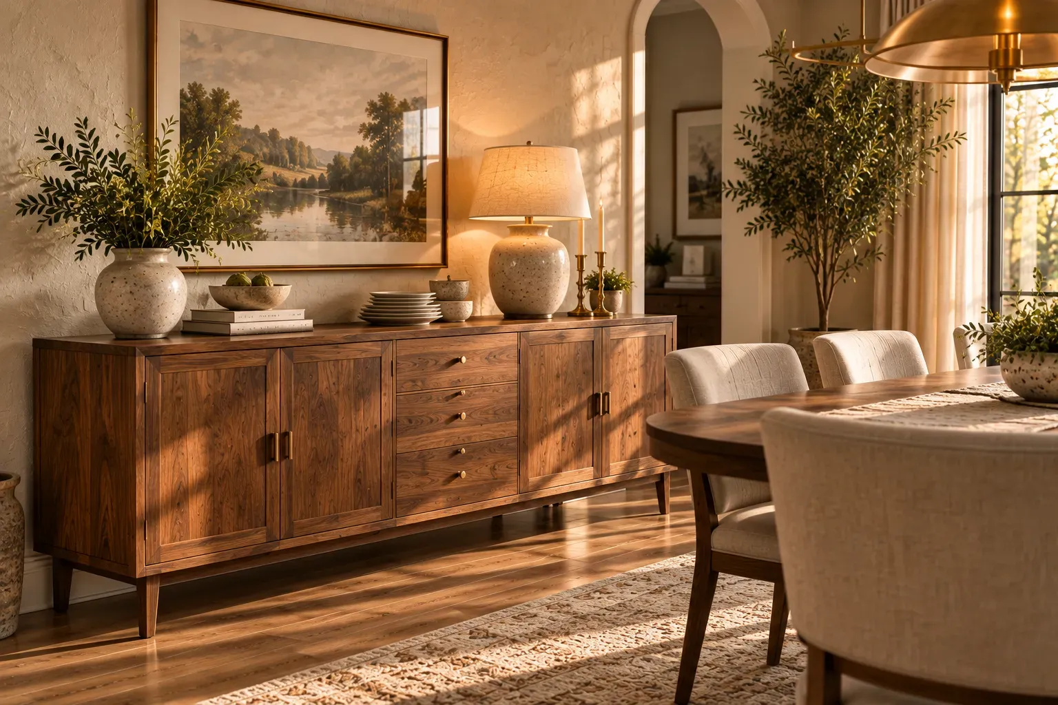 Bring in a Sideboard featuring carefully selected furniture, authentic textures and soft residential lighting