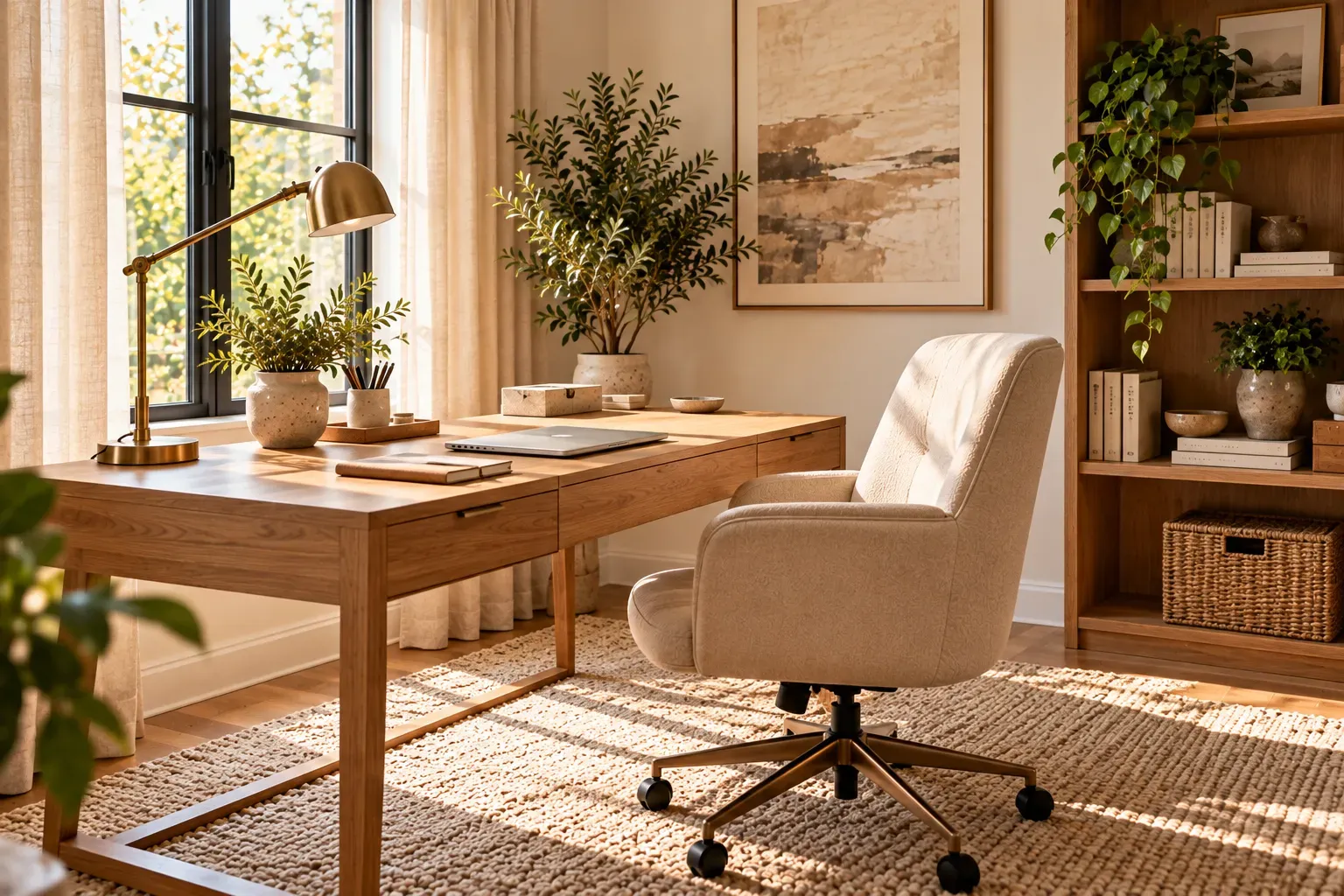 Minimalist oak home office desk with ergonomic chair and warm workspace accessories