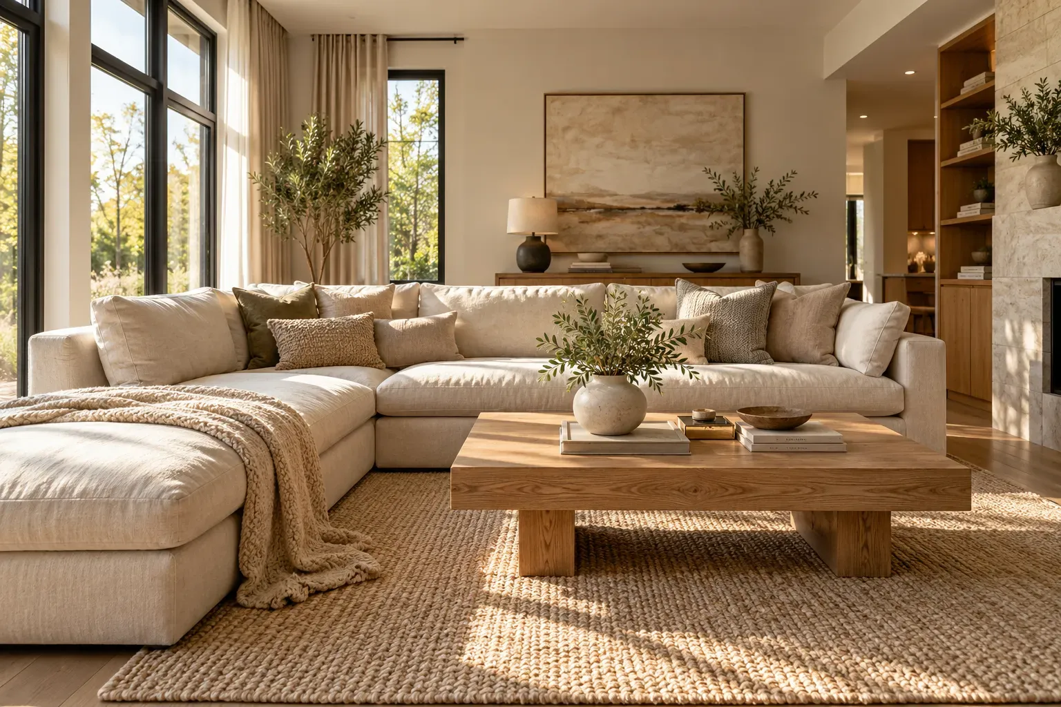 Cream sectional sofa with oak coffee table and textured neutral living room accessories