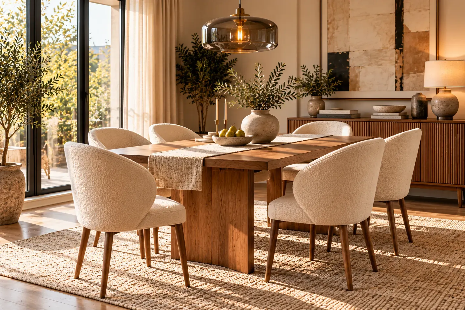 Curved upholstered dining chairs surrounding natural wood table in contemporary dining room
