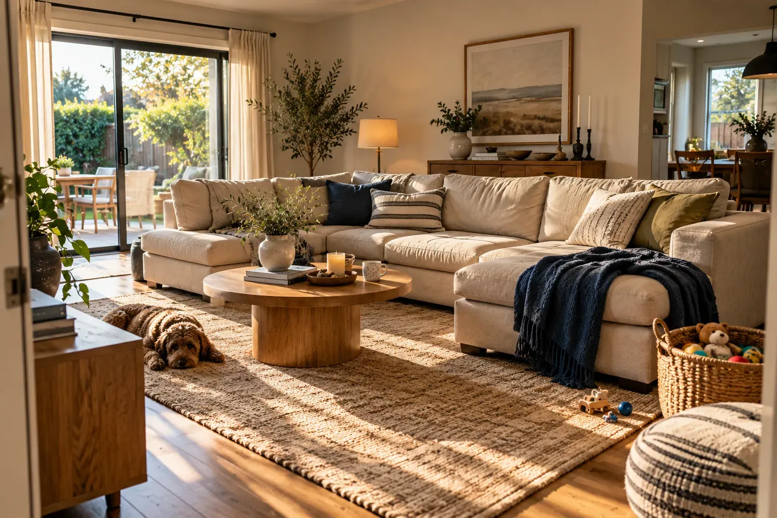 Modular beige sectional defining a comfortable family seating area with natural walking space