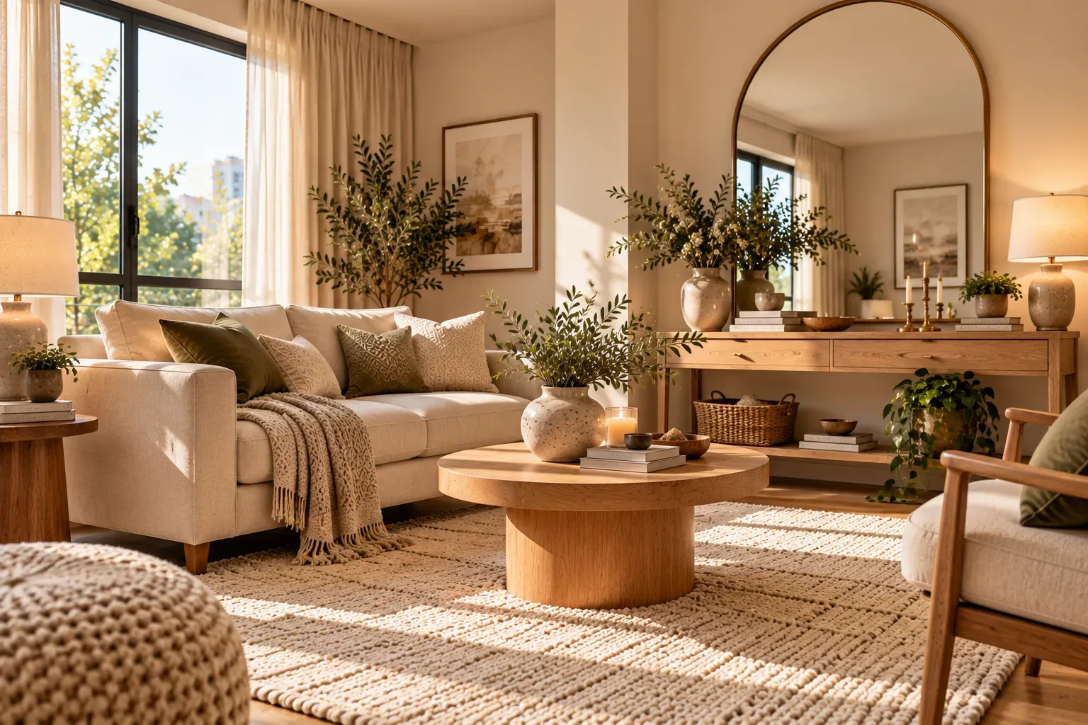 Stylish compact living room with storage ottoman, nesting tables, and neutral sofa