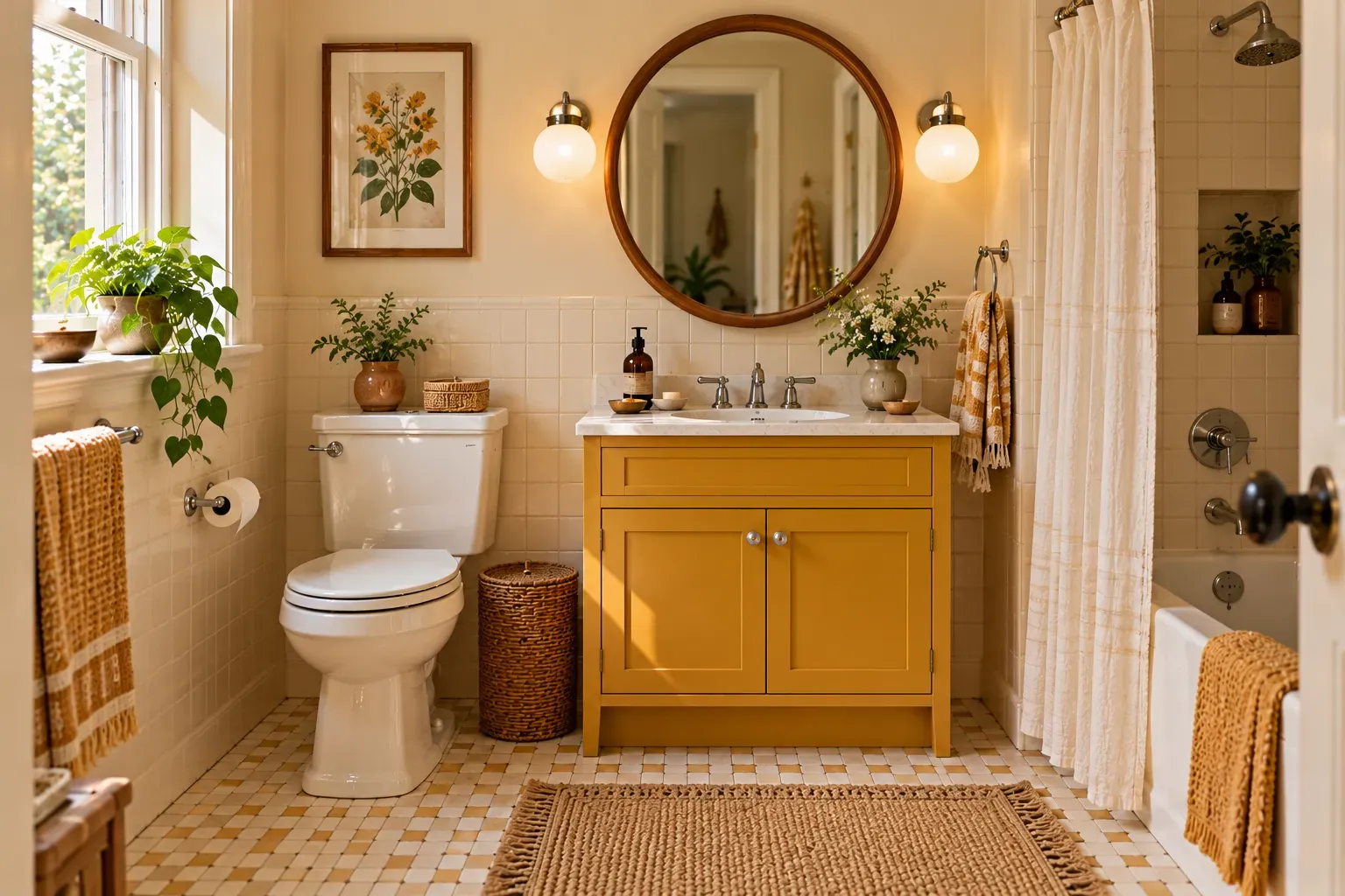 Retro bathroom with mustard yellow vanity with cream tile and practical vintage inspired fixtures