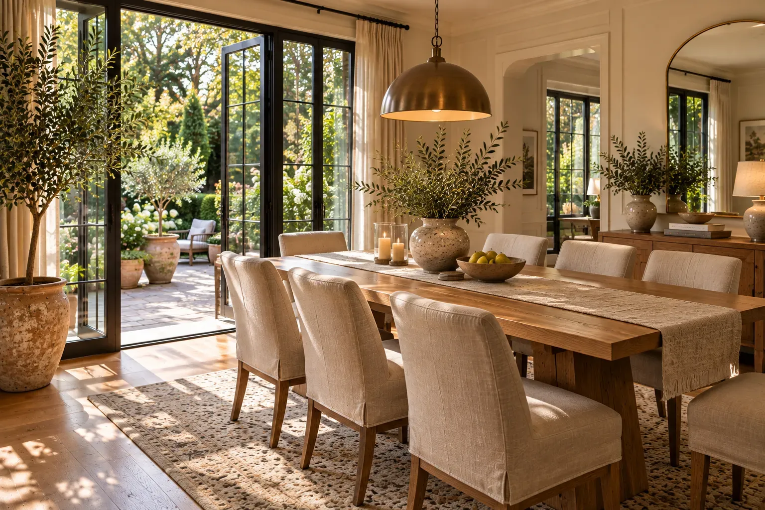 Connect the Dining Room to Nature featuring carefully selected furniture, authentic textures and soft residential lighting