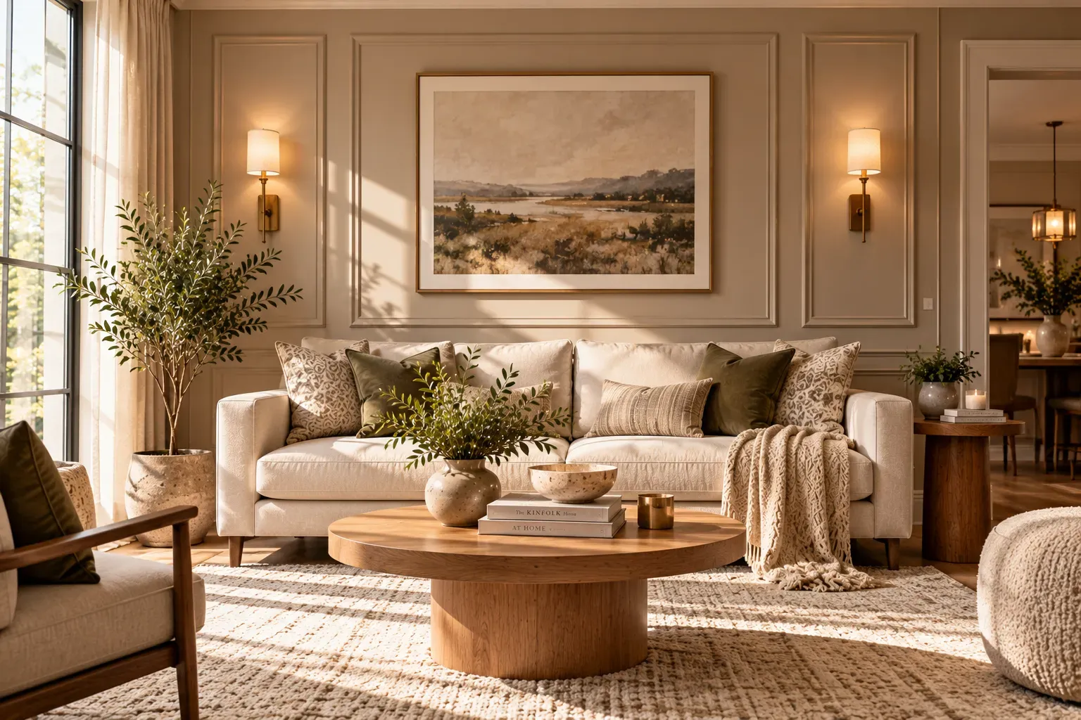 Warm minimalist living room featuring linen sofa, rattan basket, and natural oak furniture