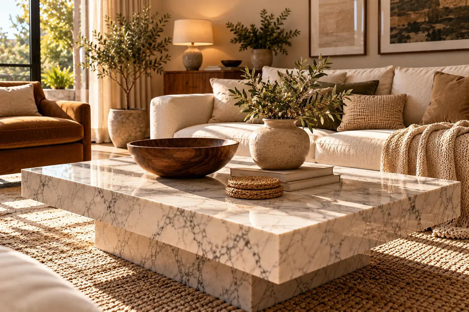 Marble coffee table styled with a dark walnut bowl, handmade ceramics, and woven accessories for organic modern decor