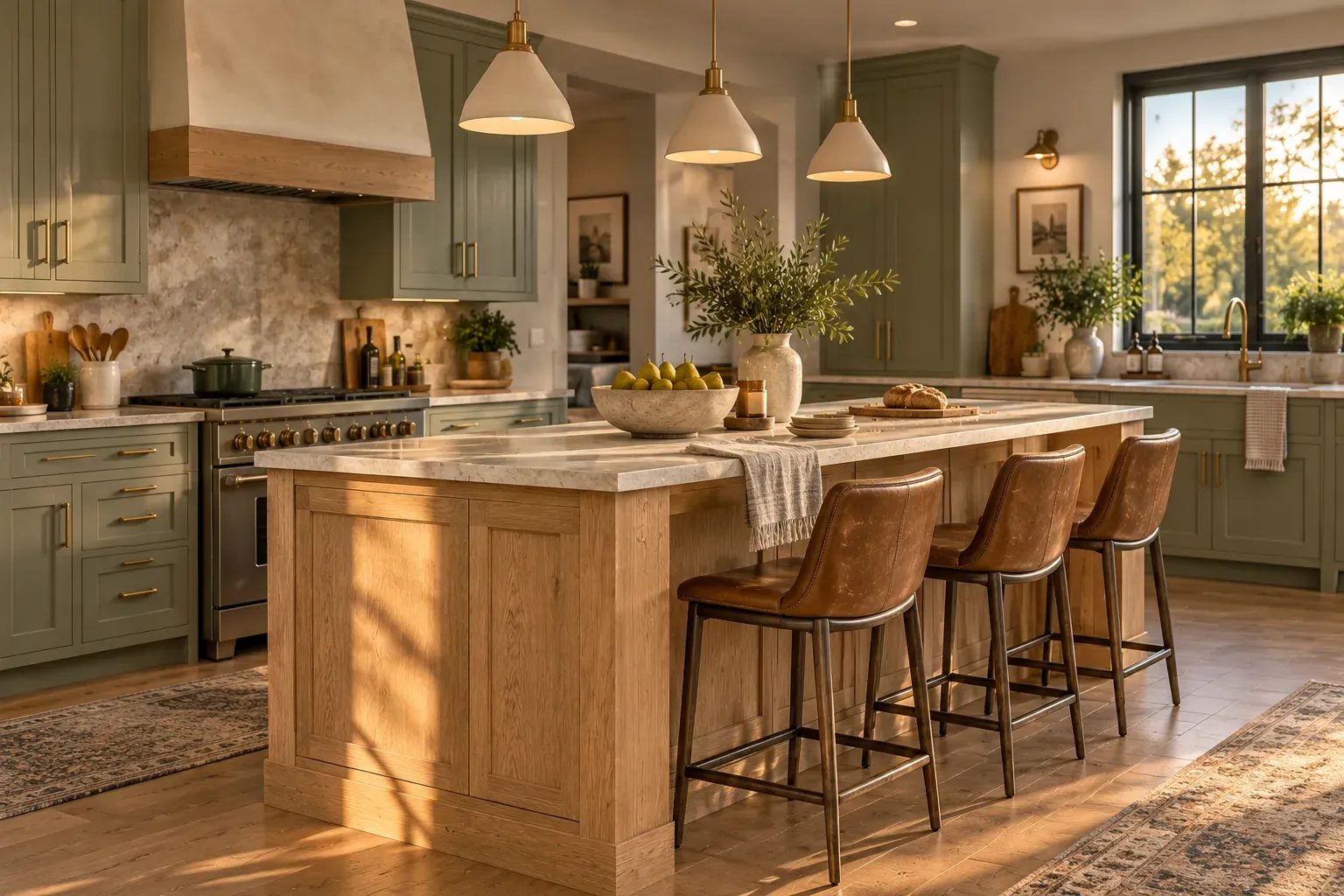 Natural wood kitchen island centered between painted cabinets and practical seating