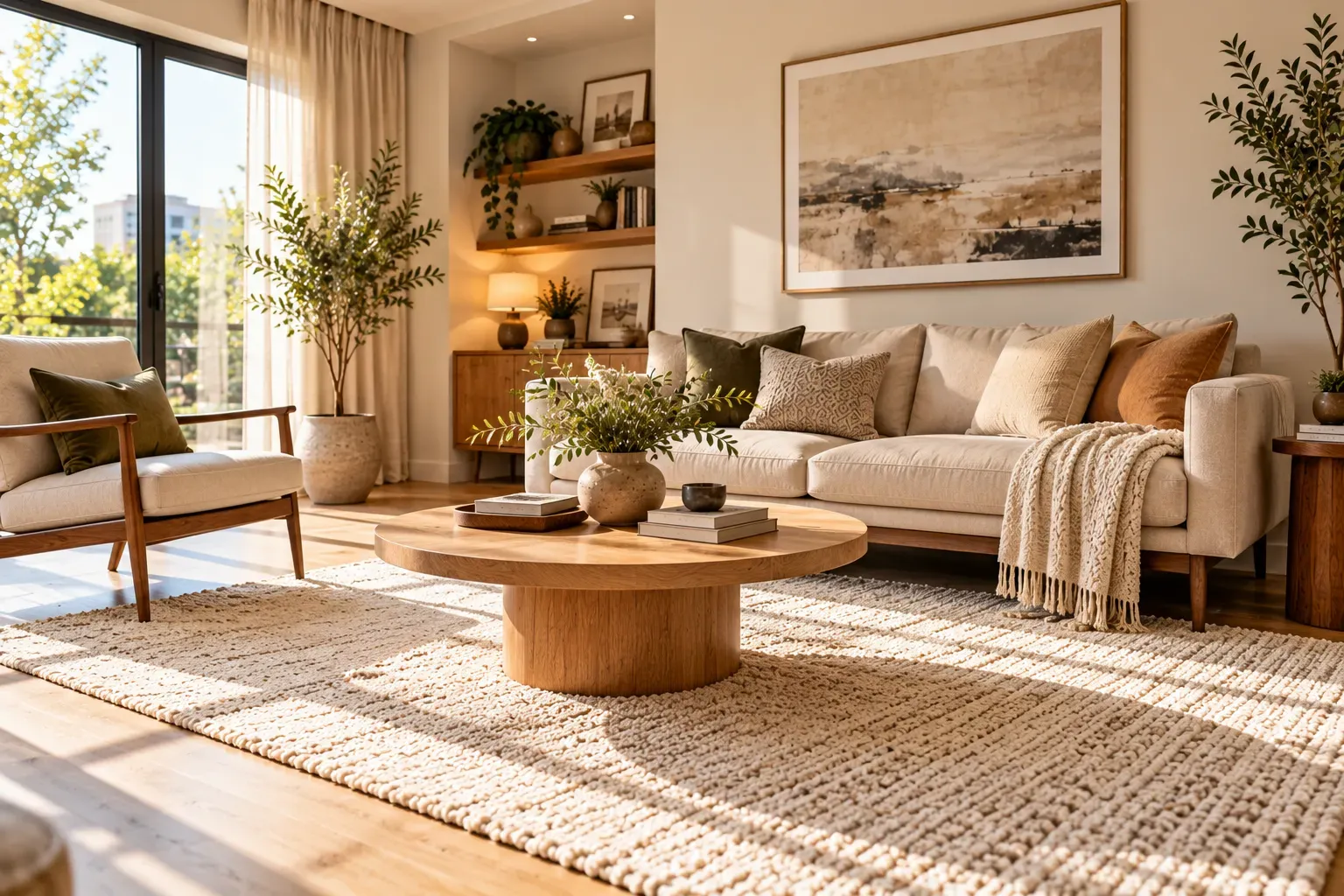 Refined small living room with ivory walls, taupe sofa, and olive accents