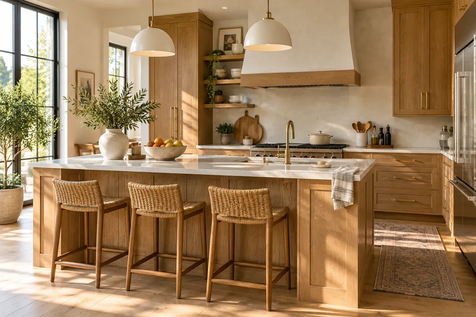 Warm oak kitchen cabinets with soft white walls and pale stone counters