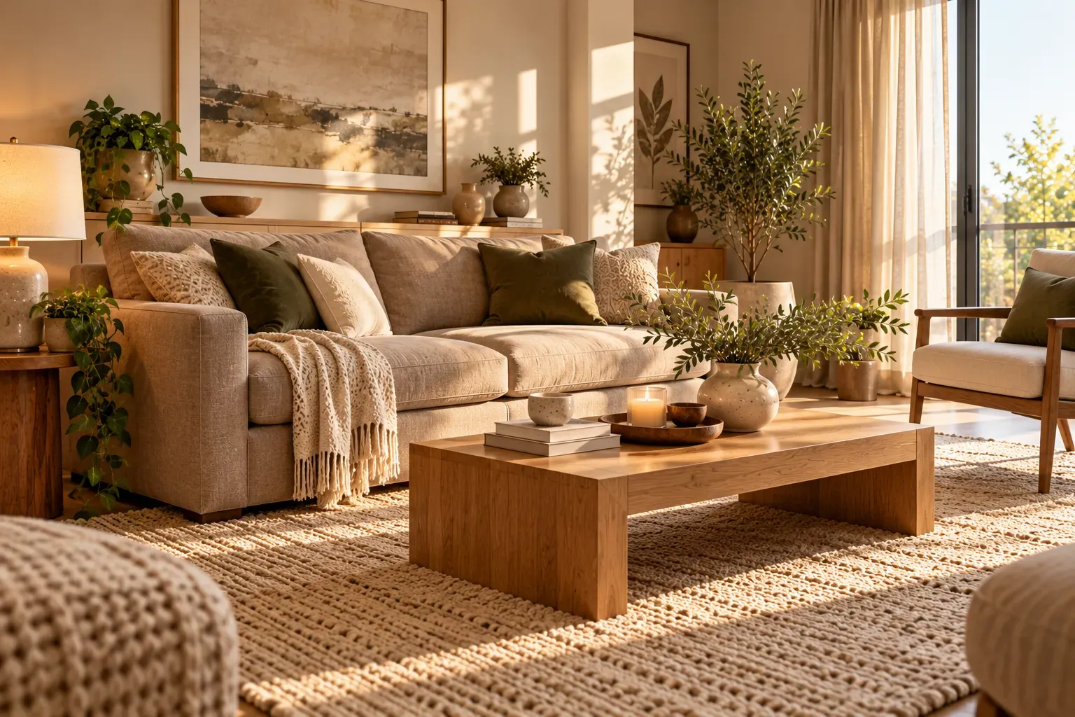 Luxury small living room with oversized arched mirror reflecting soft natural daylight