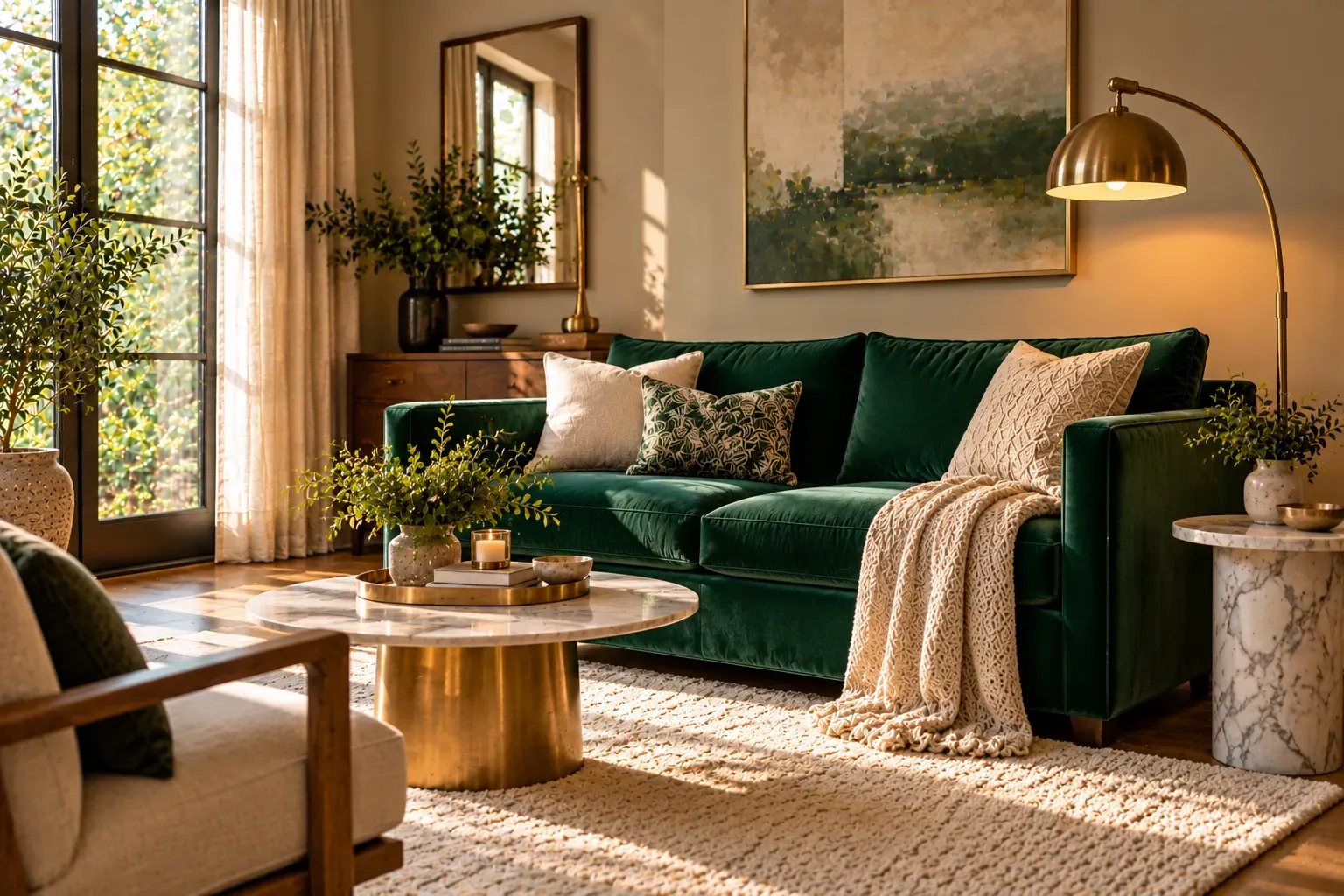 Brushed brass floor lamp beside emerald velvet sofa in a welcoming, naturally lit contemporary residential