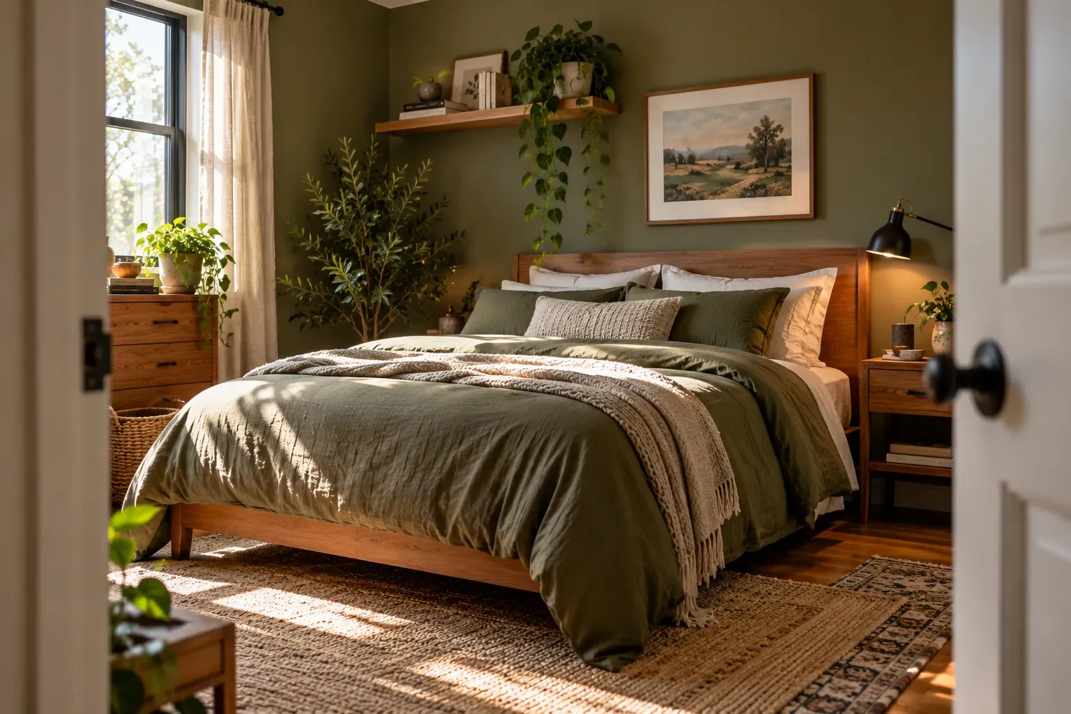 Pair Olive Green Bedding with Real Plants styled with natural foliage and practical bedroom furnishings