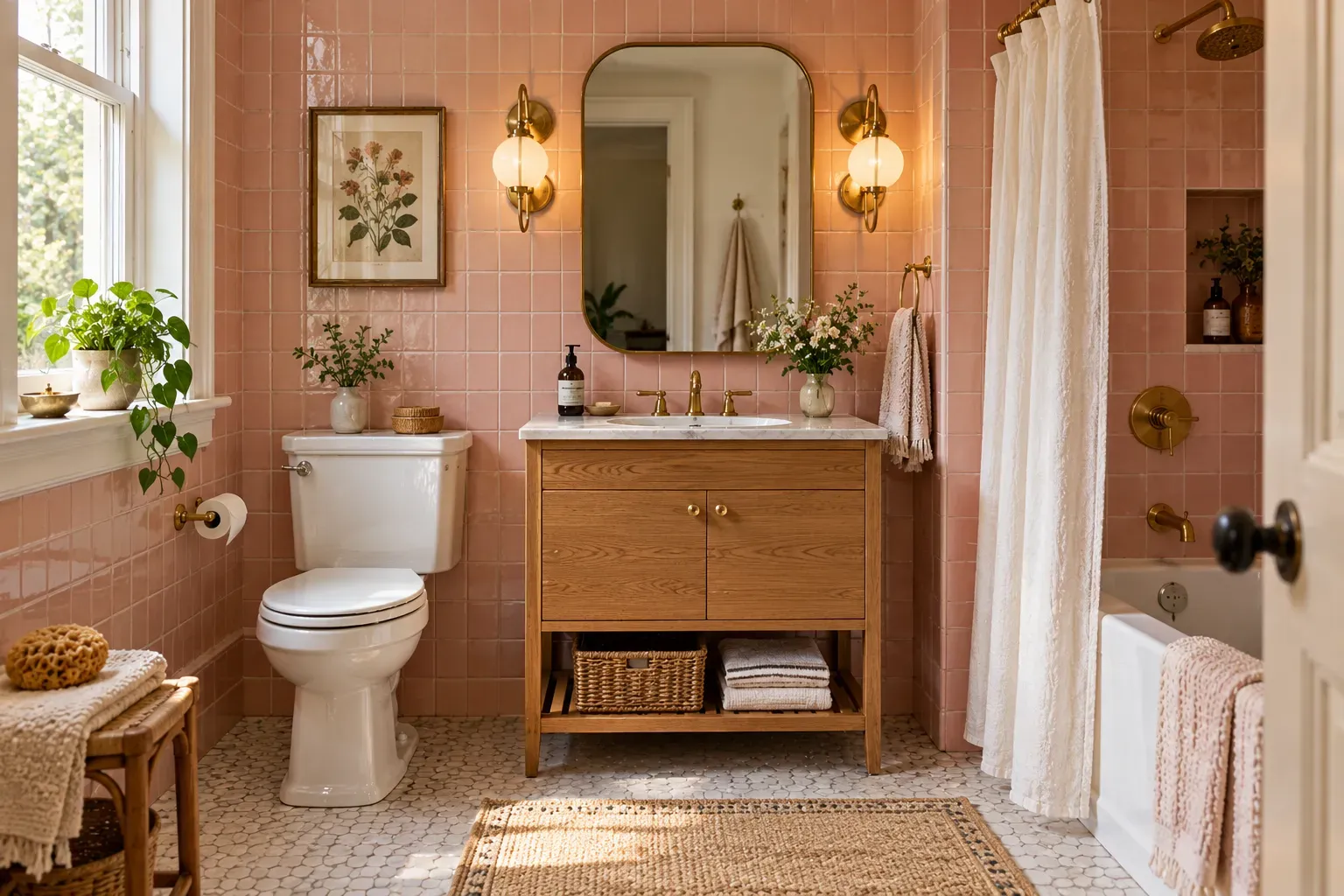 Retro bathroom with pastel pink tile with modern brass and practical vintage inspired fixtures