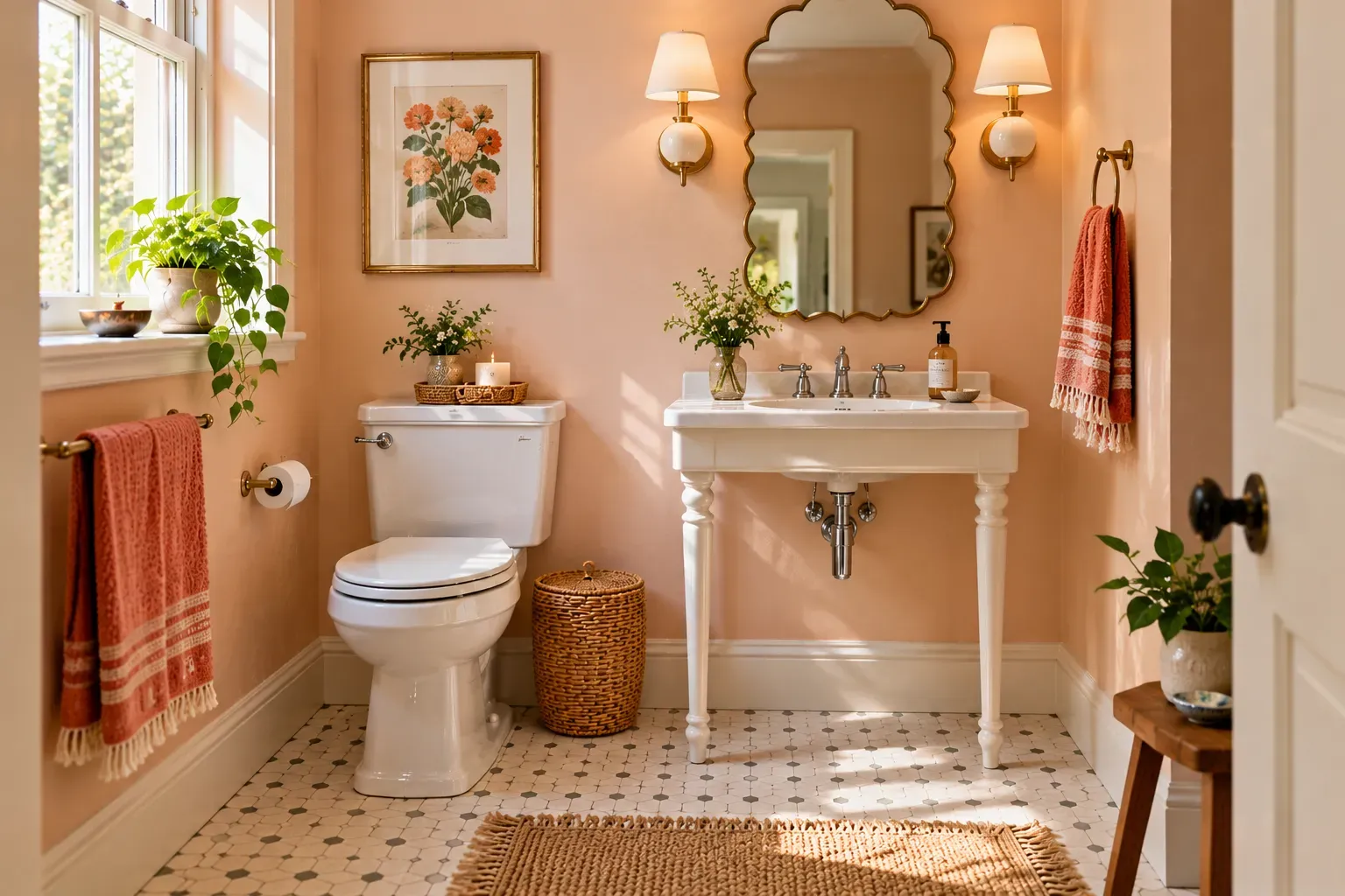 Retro bathroom with peach walls and scalloped accents and practical vintage inspired fixtures