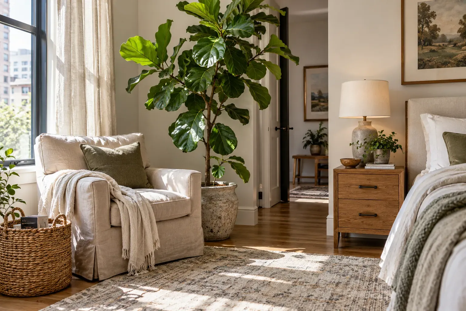 Place a Tall Fiddle-Leaf Fig in a Bright Corner styled with natural foliage and practical bedroom furnishings