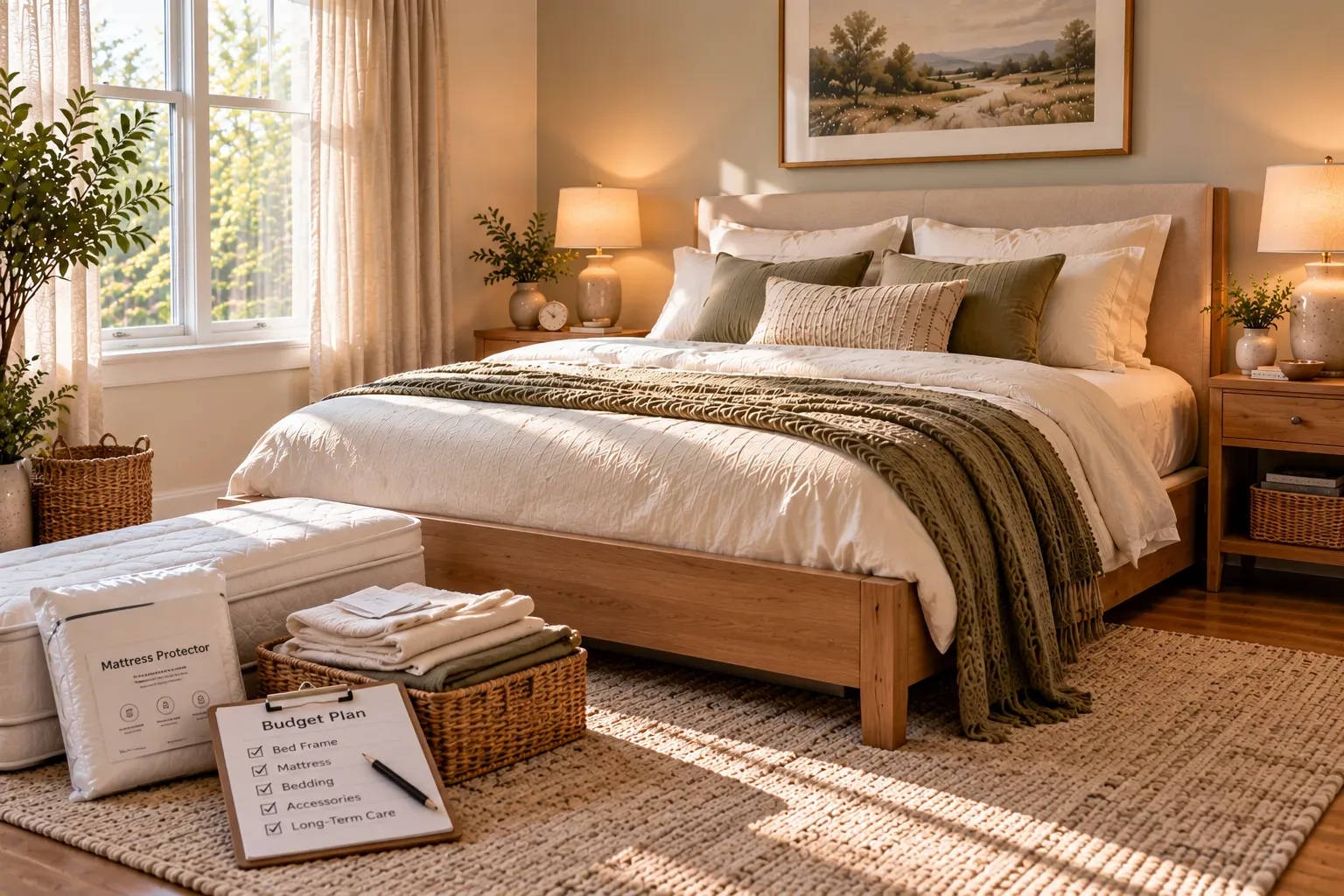 Photorealistic queen bedroom showing plan a realistic budget and long-term care with practical furniture