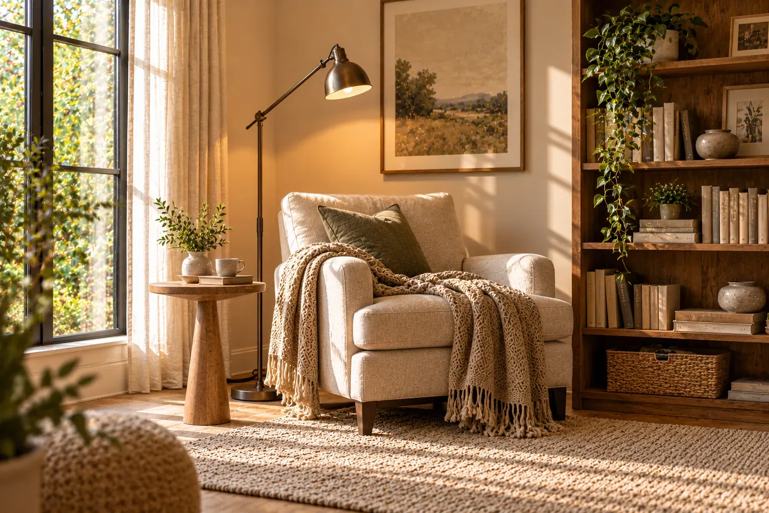 Adjustable reading floor lamp beside chair in a welcoming, naturally lit contemporary residential living room