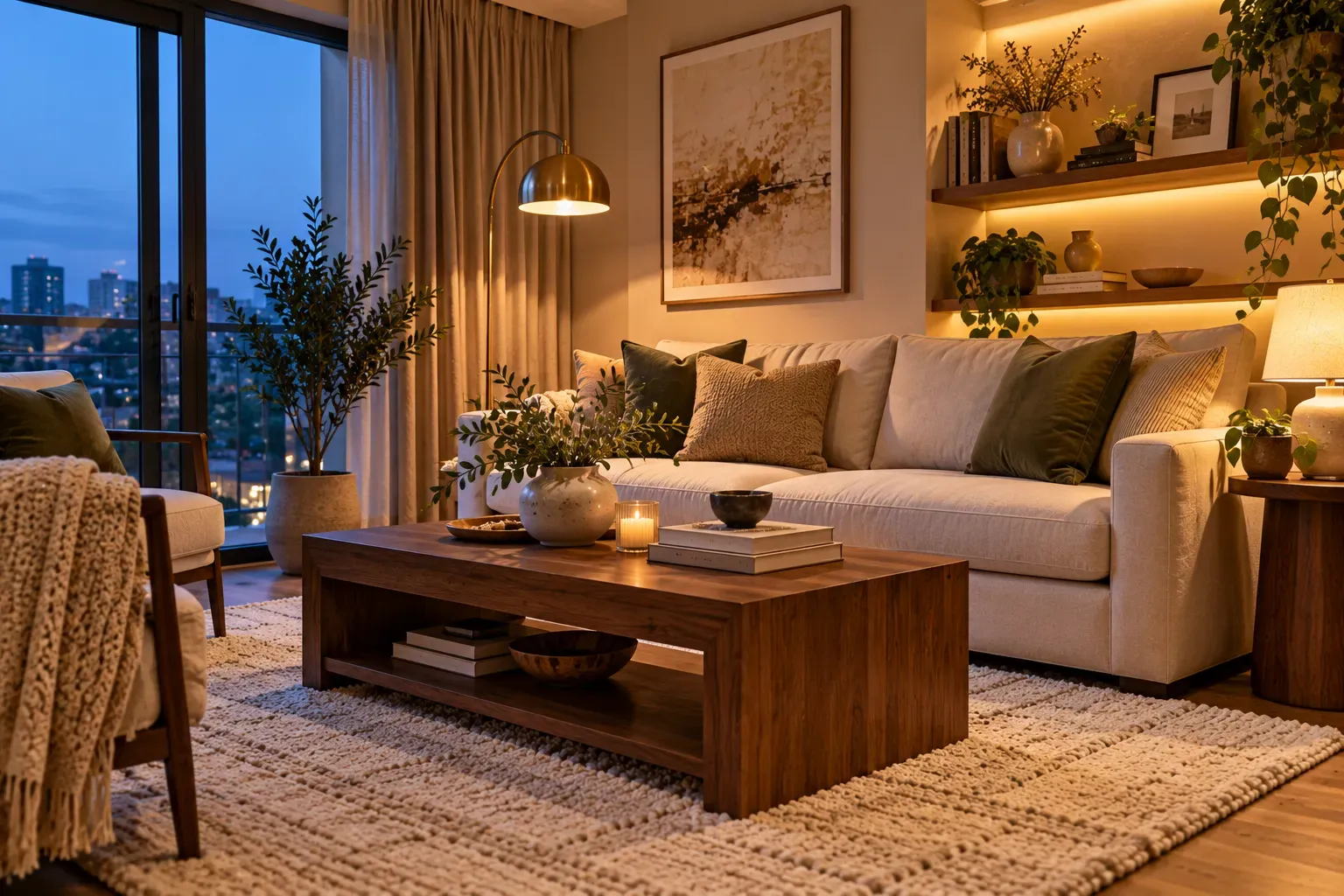 Minimalist living room featuring elevated beige sofa, wooden legs, and round coffee table