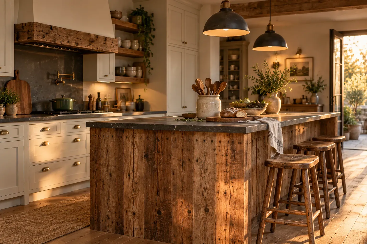 Reclaimed timber island front adding aged texture to a clean contemporary kitchen