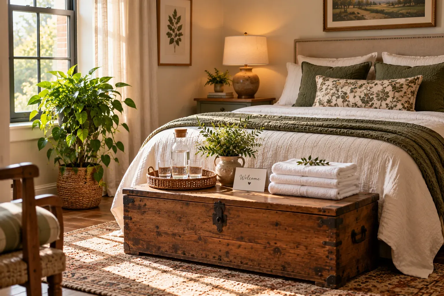 Refresh a Guest Bedroom with Easy-Care Greenery styled with natural foliage and practical bedroom furnishings
