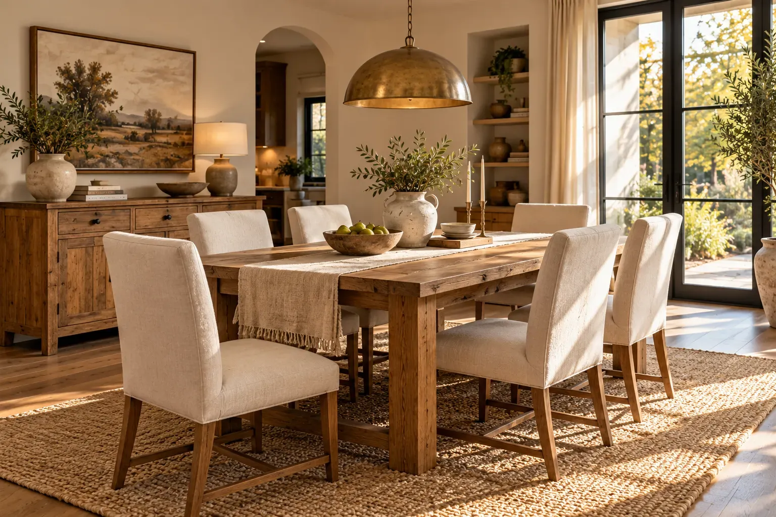 Natural oak farmhouse dining table with cream chairs and elegant rustic accessories
