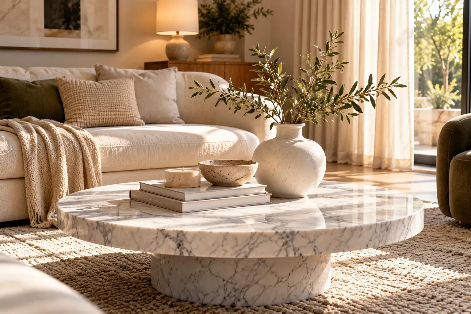 Elegant marble coffee table featuring an ivory ceramic vase and delicate branches as a minimalist centerpiece