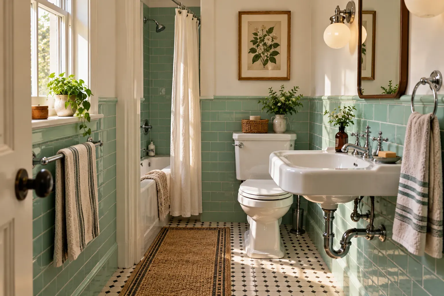 Retro bathroom with seafoam green subway tile and practical vintage inspired fixtures