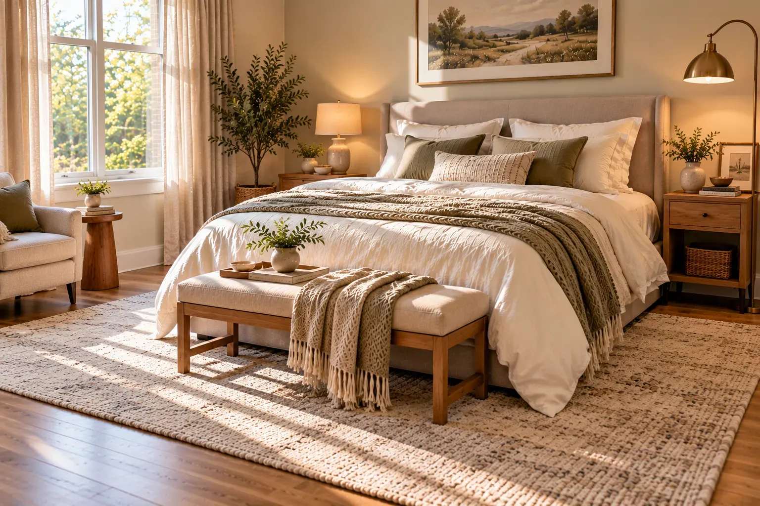 Photorealistic queen bedroom showing select a rug that grounds the queen bed with practical furniture