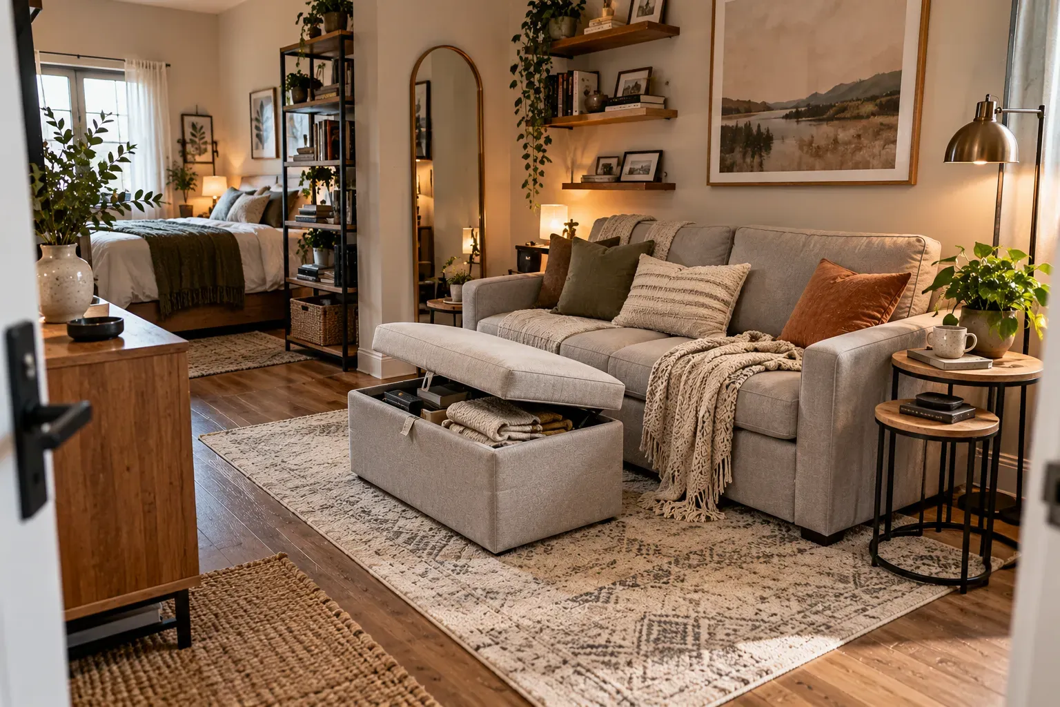 Compact apartment living area with sleeper sofa storage ottoman and reflective wall mirror