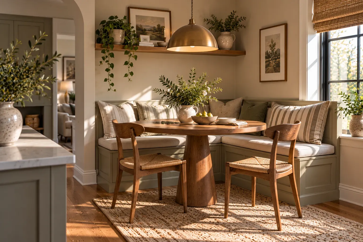 Make a Small Dining Nook Work Harder featuring carefully selected furniture, authentic textures and soft residential lighting