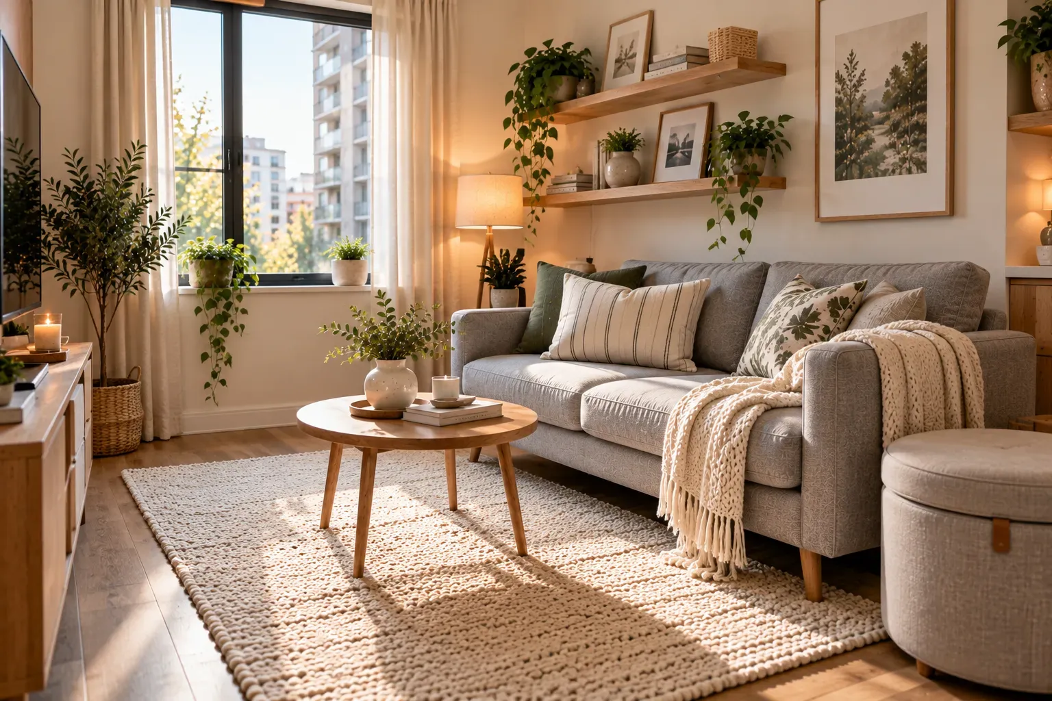 Compact living room featuring a slim grey sofa and practical space saving furniture