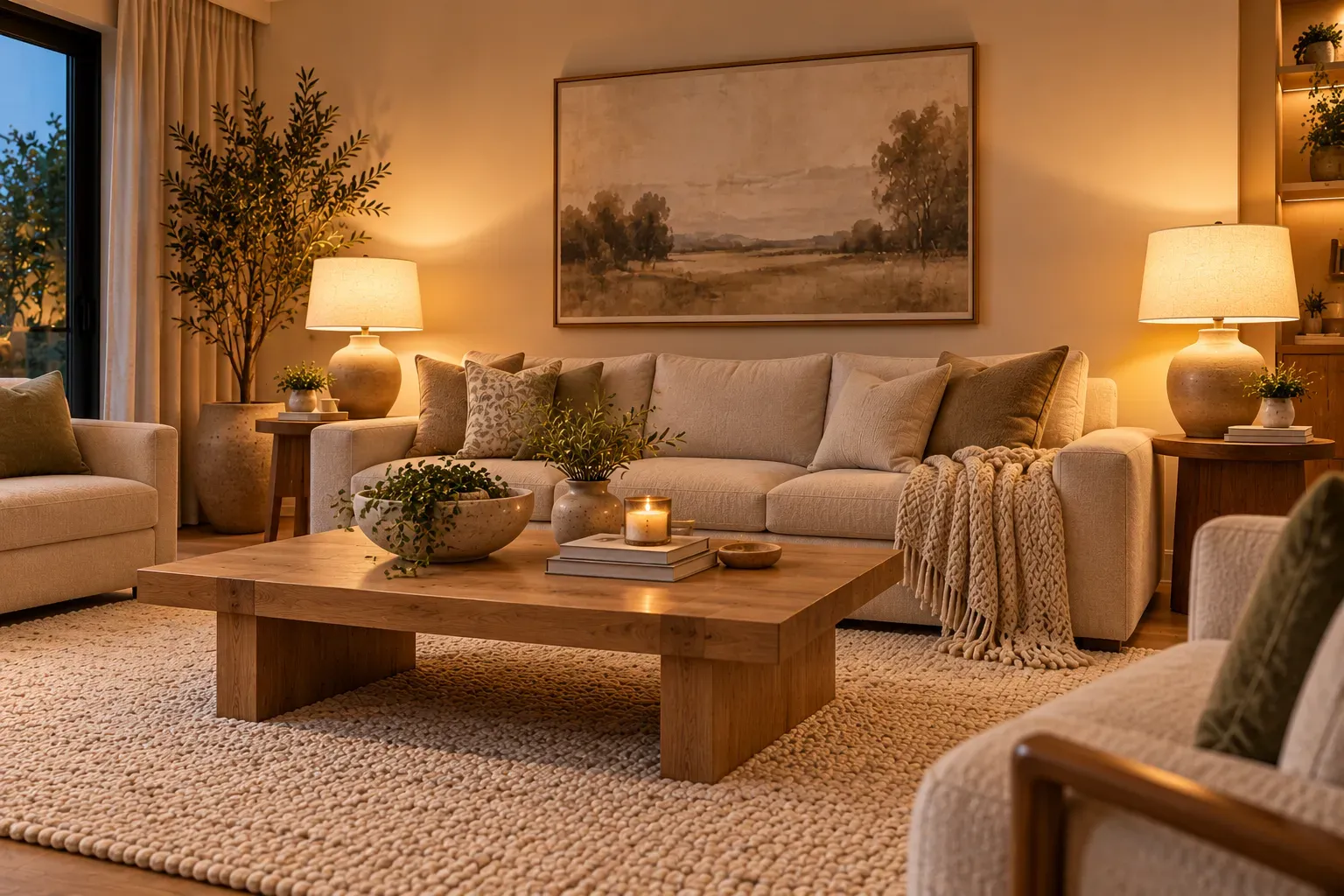 Inviting neutral living room glowing with shaded lamps and soft white lighting