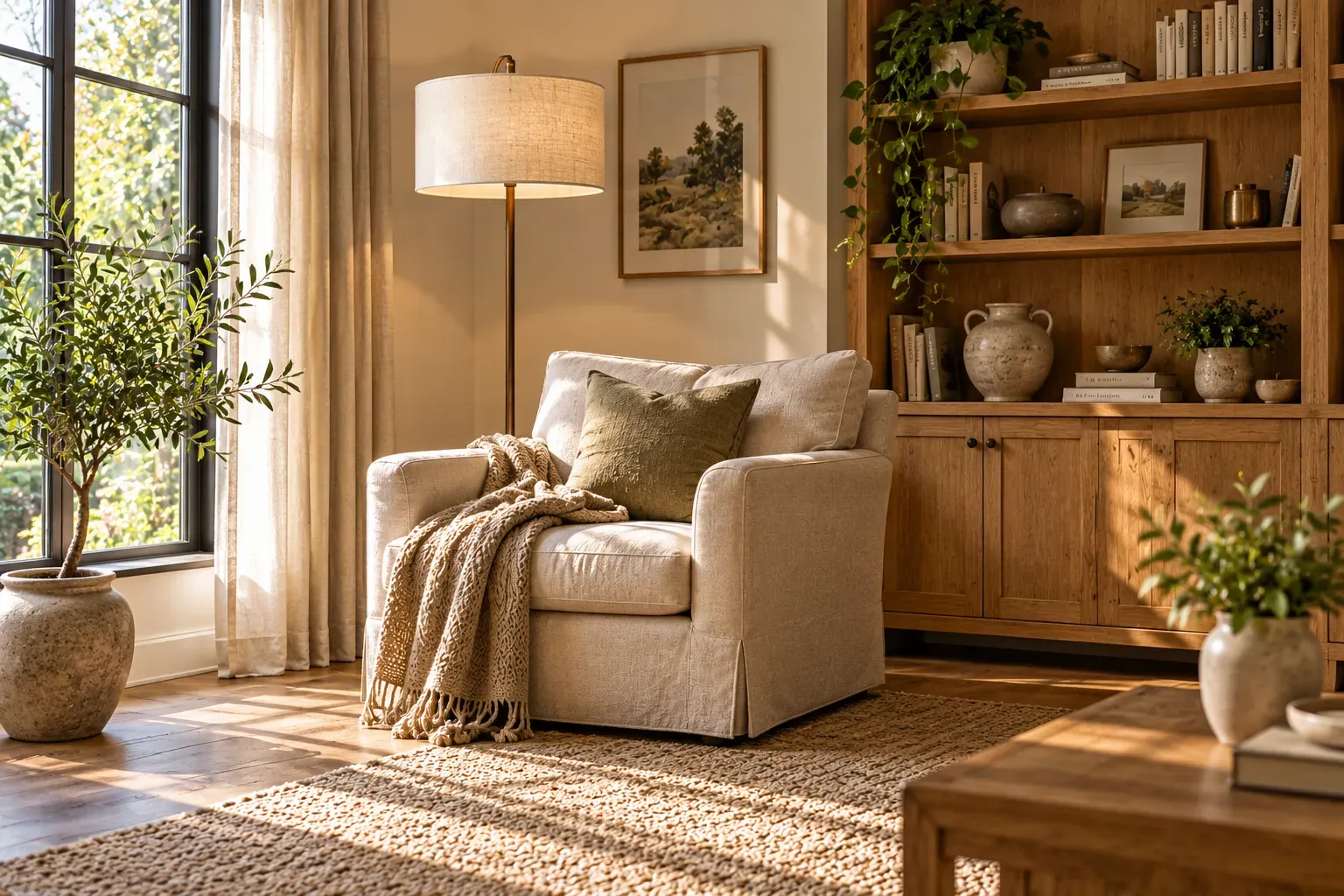 Linen drum shade floor lamp in quiet corner in a welcoming, naturally lit contemporary residential
