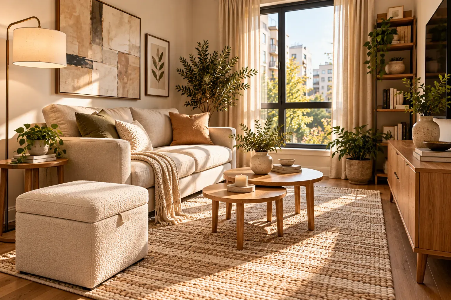 Compact apartment living room with loveseat nesting tables and multifunctional storage ottoman