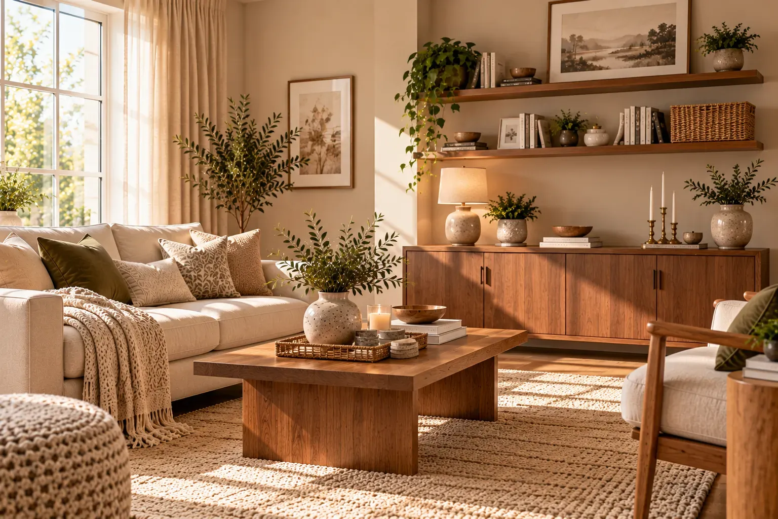 Contemporary small living room featuring oversized abstract artwork above elegant cream sofa