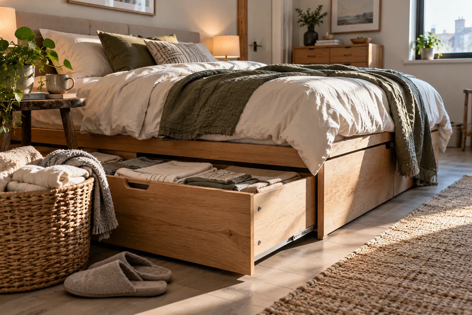 Open underbed storage drawer showing neatly folded linens in a compact bedroom