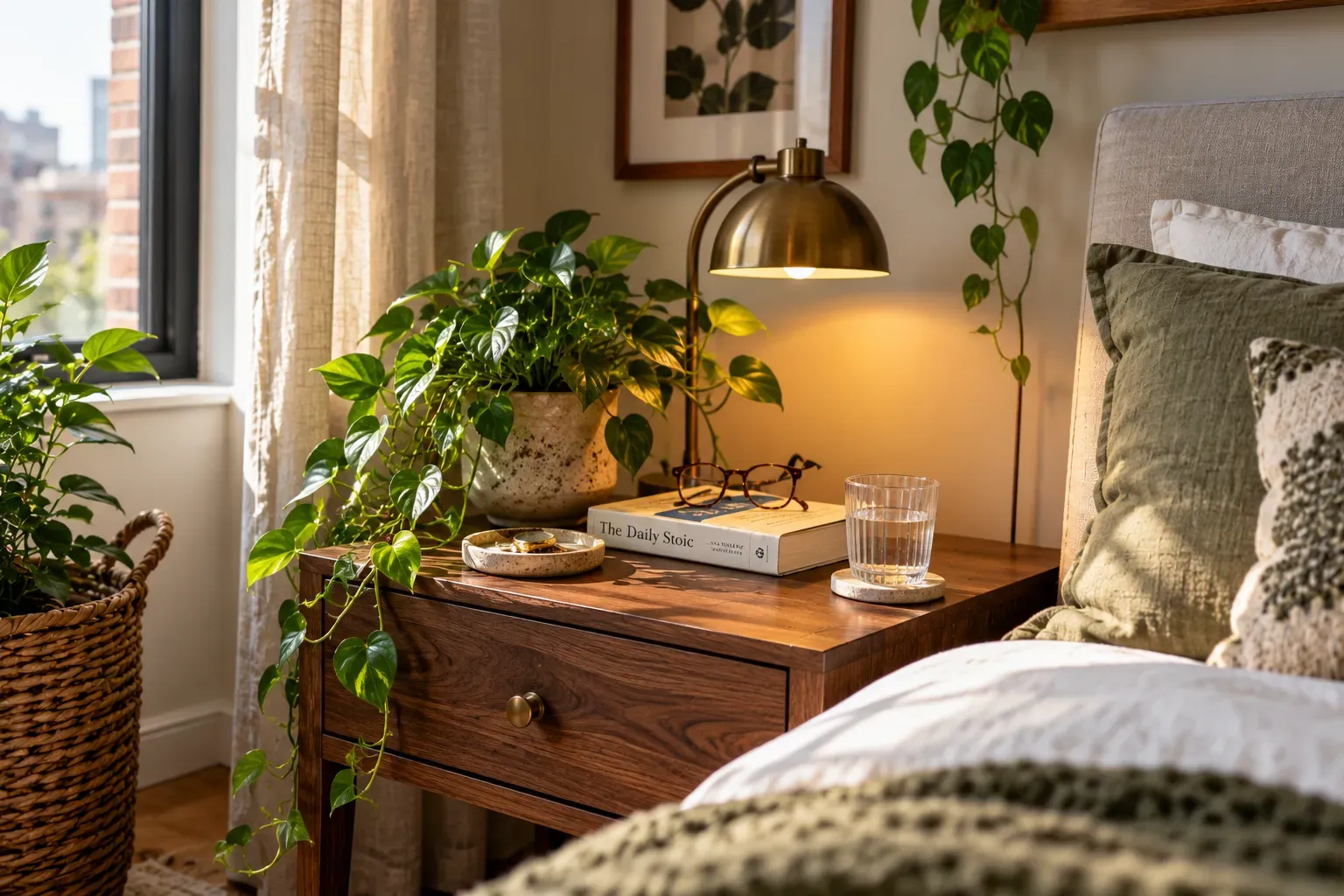 Style a Botanical Bedside Table styled with natural foliage and practical bedroom furnishings