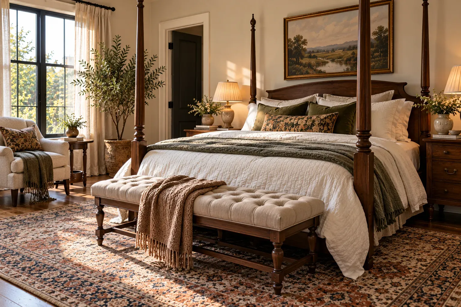 Realistic master bedroom showing style an end-of-bed bench with comfortable furnishings and natural daylight
